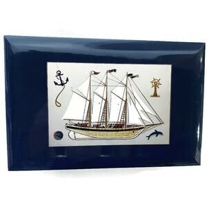 Otagiri Musical Jewelry Box Blue Lacquerware With Sailing Ship "As Time Goes By"